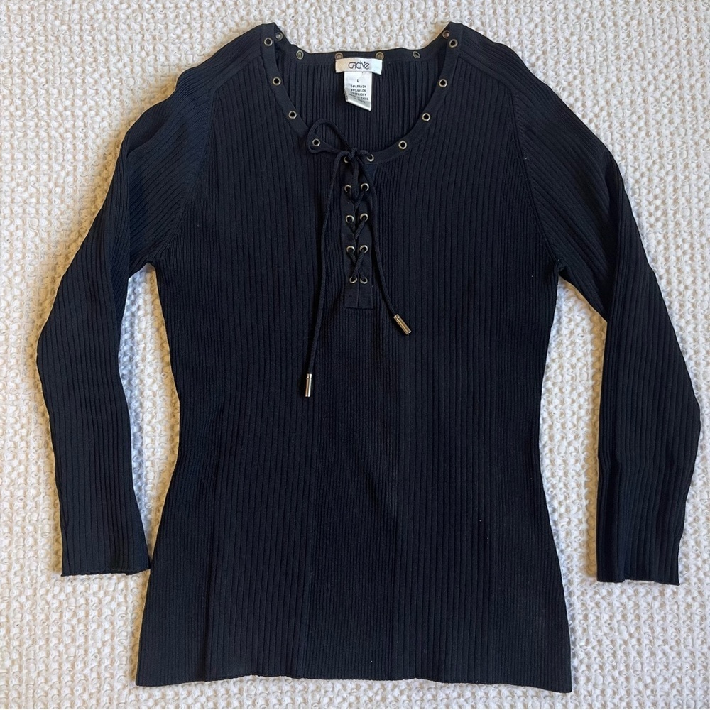 Y2K Cache Ribbed Knit Lace Up Sweater Top Form-Fitting Goth Grudge
